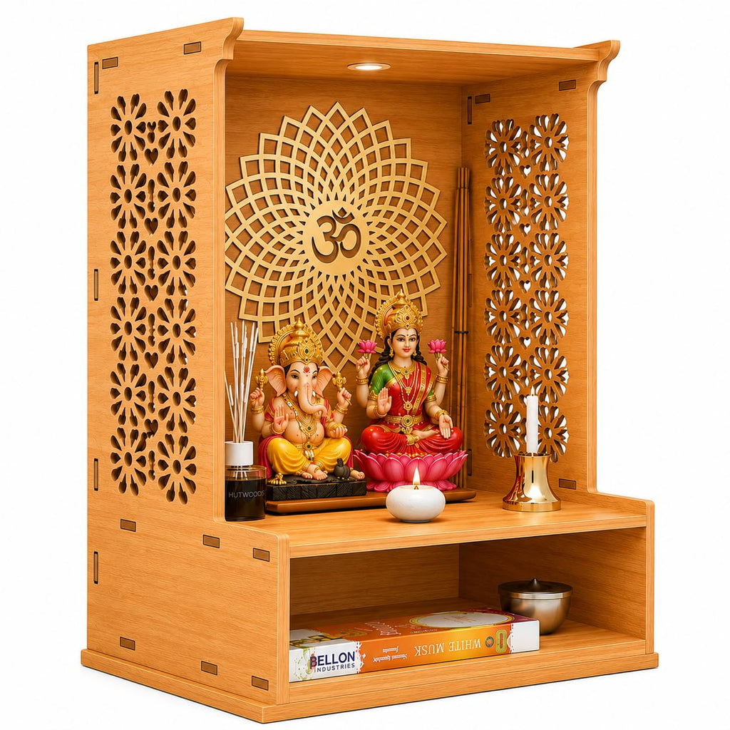 Fliptic Wooden Temple for Home with LED Spotlight | Advance Laminate MDF in Bavarian Beach Finish | Decorative Home Temple for Living Room, Prayer Room, Office & Home Décor | DIY Mandir