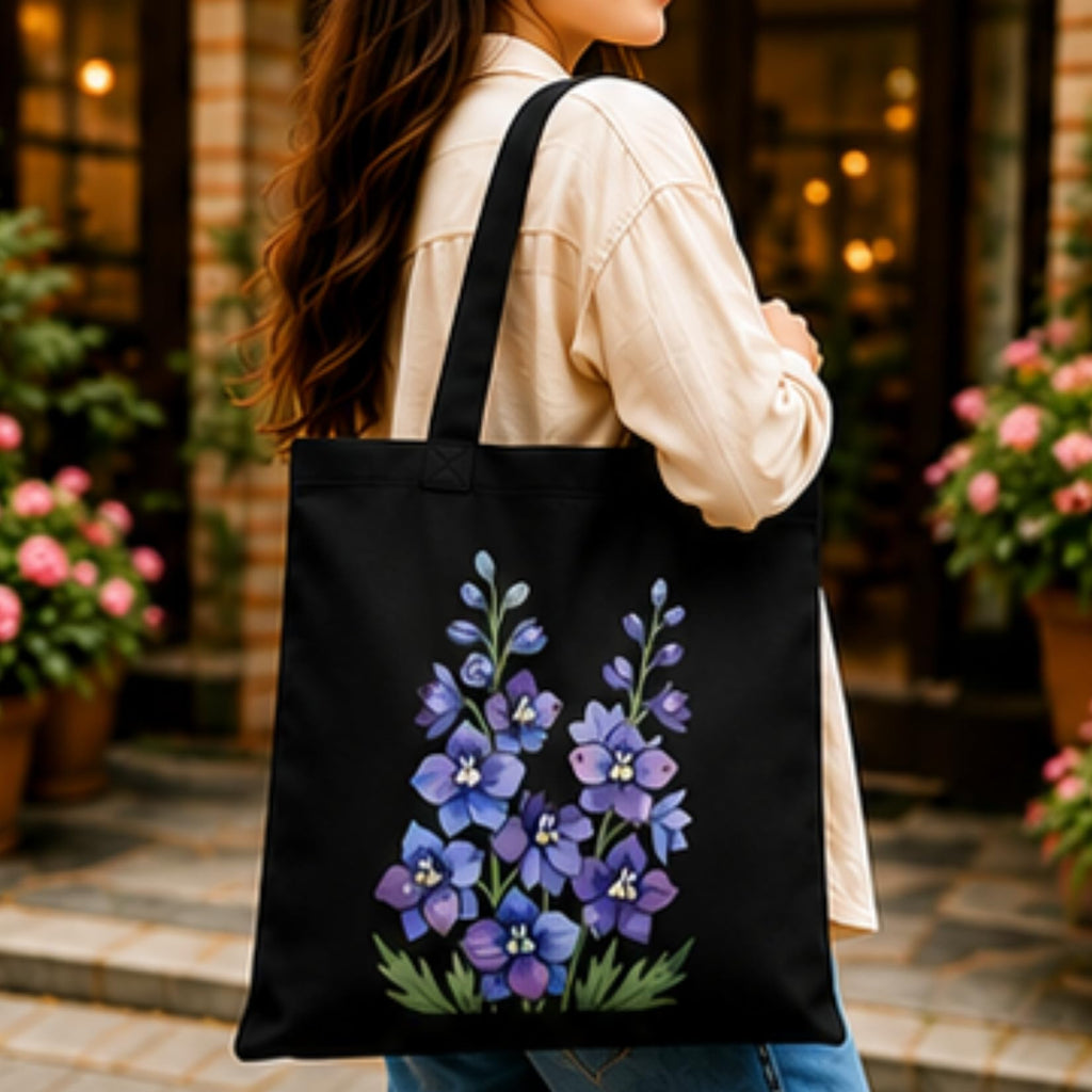 Adorvue New Launch Black Canvas Tote Bag for Women with Purple Wildflower Print | Premium Cotton Reusable Shopping Shoulder Bag | Floral Eco-Friendly Tote for College, Office, Travel & Daily Use