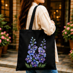 Adorvue New Launch Black Canvas Tote Bag for Women with Purple Wildflower Print | Premium Cotton Reusable Shopping Shoulder Bag | Floral Eco-Friendly Tote for College, Office, Travel & Daily Use