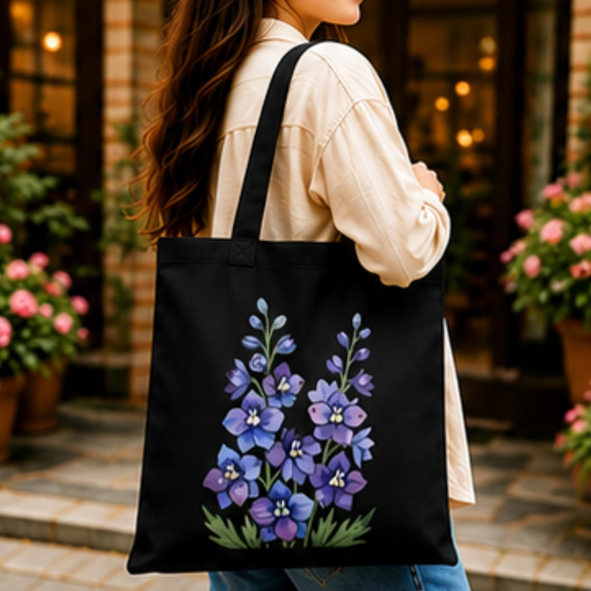 Adorvue New Launch Black Canvas Tote Bag for Women with Purple Wildflower Print | Premium Cotton Reusable Shopping Shoulder Bag | Floral Eco-Friendly Tote for College, Office, Travel & Daily Use