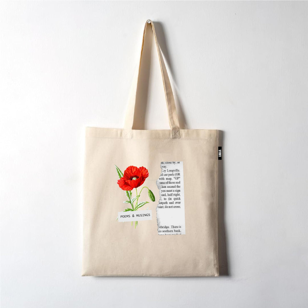 VVWV Vintage Red Flower and Poem Printed Eono Reusable Tote Bags | 100% Organic Cotton Shopping/Grocery Bag | Multi-Purpose Bag | Sturdy Canvas Bag with 15kgs Capacity (13 x 15.7 Inch)