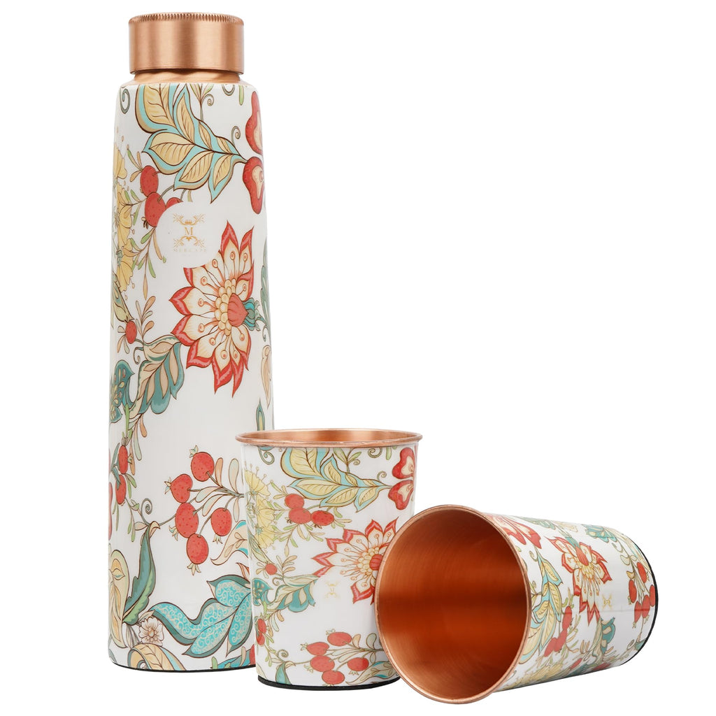 MERCAPE® - Flower Print Pure Copper Water Bottle with 2 Glass | Leak Proof, Durable & Rust Proof | Non-Toxic & BPA Free Steel Bottles | Printed Tamba Bottle (900 ml - 2x 300 ml)