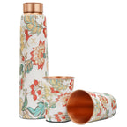 MERCAPE® - Flower Print Pure Copper Water Bottle with 2 Glass | Leak Proof, Durable & Rust Proof | Non-Toxic & BPA Free Steel Bottles | Printed Tamba Bottle (900 ml - 2x 300 ml)