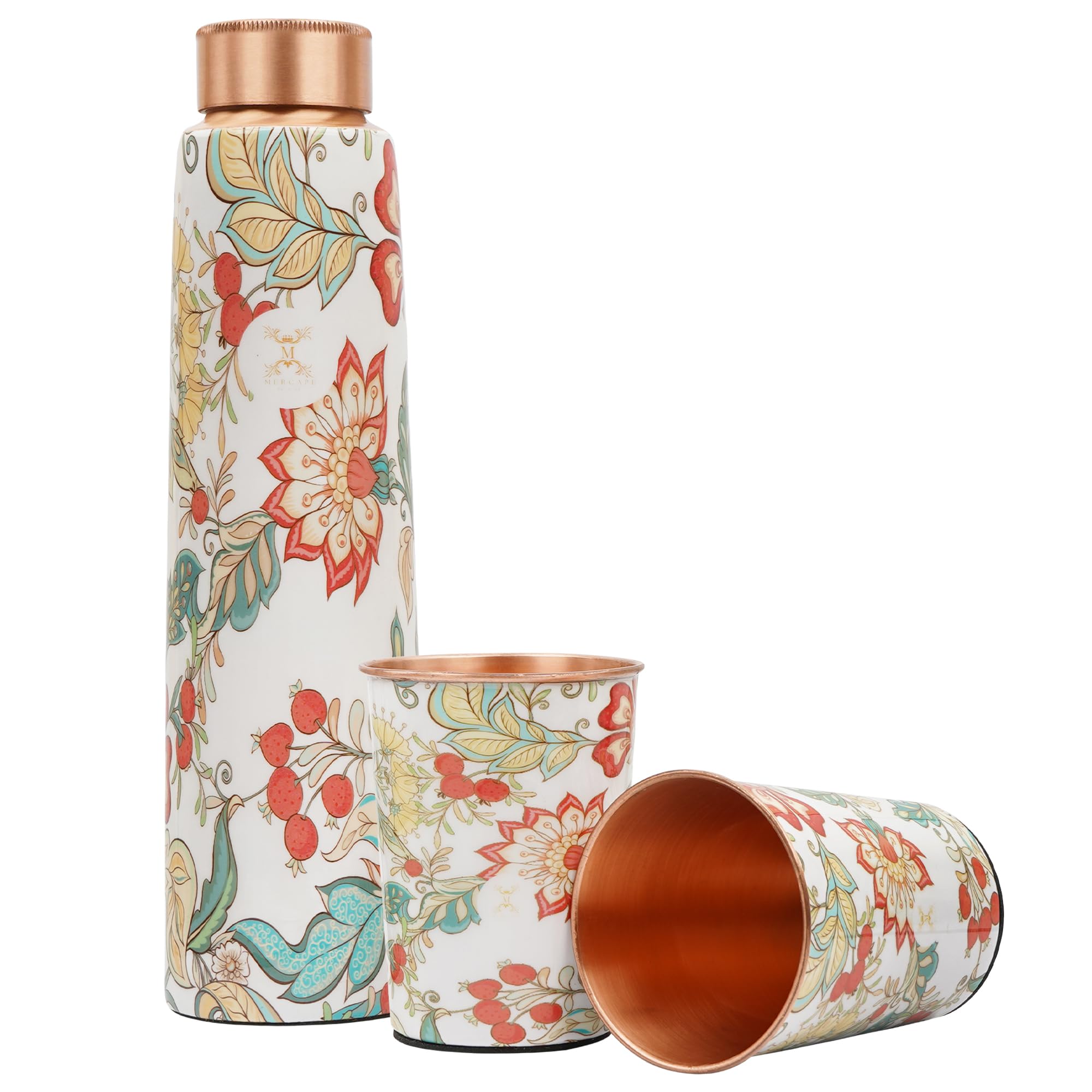 MERCAPE® - Flower Print Pure Copper Water Bottle with 2 Glass | Leak Proof, Durable & Rust Proof | Non-Toxic & BPA Free Steel Bottles | Printed Tamba Bottle (900 ml - 2x 300 ml)
