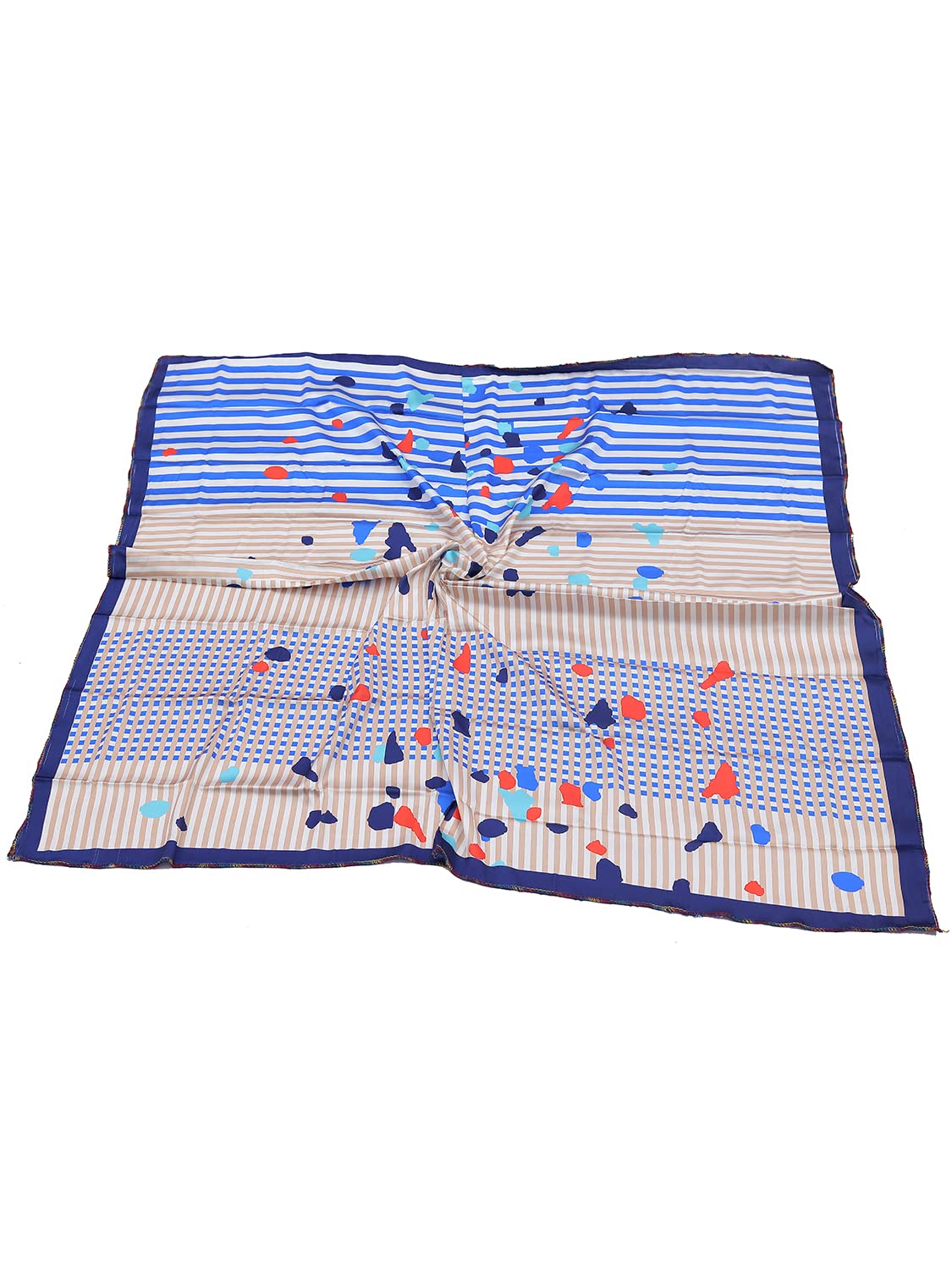 leeza store Women's Silk Scarf For Women, Blue & Beige Abstract Geometric & Stripe Mix Digital Print, 40 X 40, Elegant Lightweight Fashion Stole
