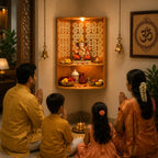 Fliptic Corner Pooja Mandir for Home & Office with LED Light | Wall Mounted Temple for Corner | Advance Laminate MDF Wooden Devghar in Bavarian Beach Finish | DIY Mandir for Living Room & Prayer Room