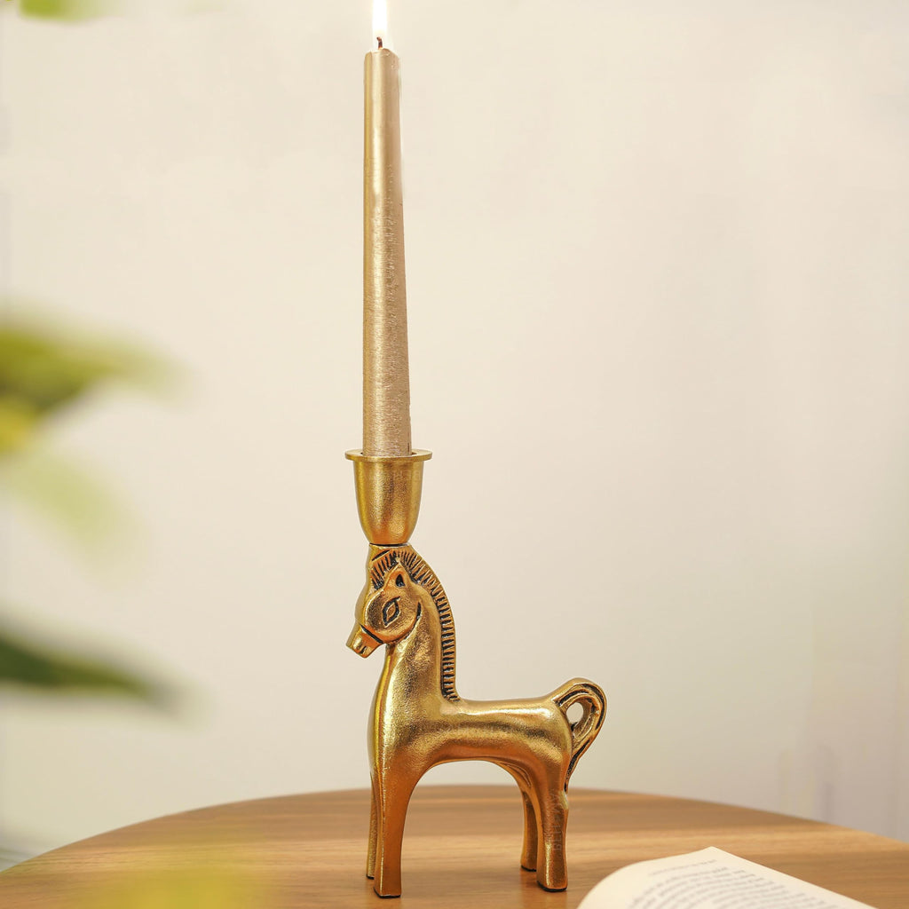 BEHOMA Handcrafted Metal Horse Candle Holder, Golden