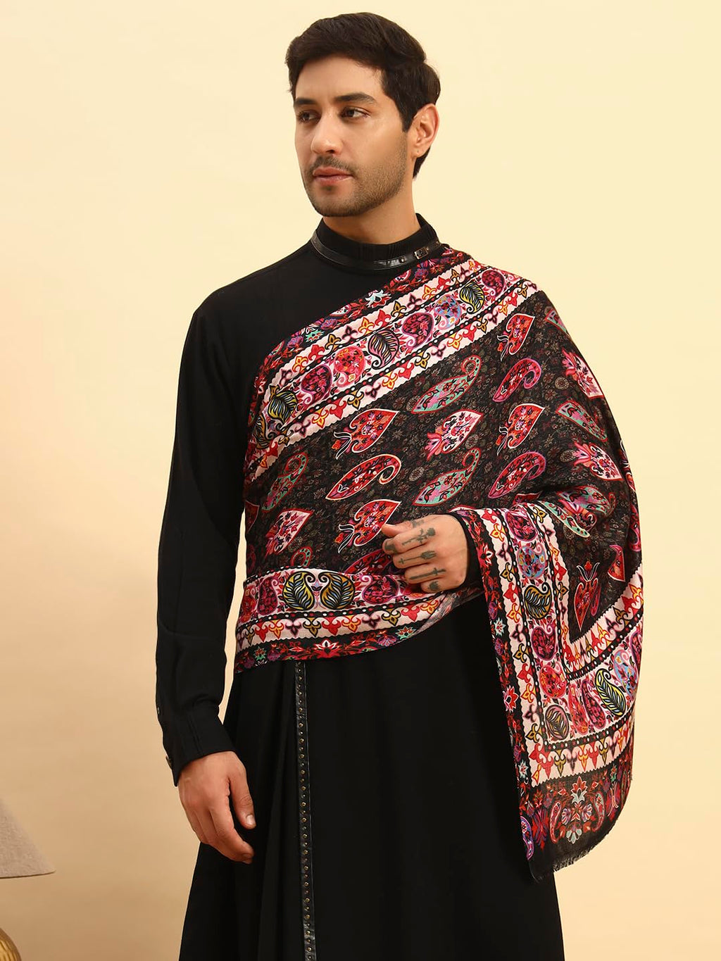 Pashmoda Men Floral Sonata Royal Fine Soft Bamboo Fibre Stole, Multicoloured Design, Evening Wrap, Luxury Pashmina Style Scarf, Wrap (Size 28x80, Black colour) MISST32