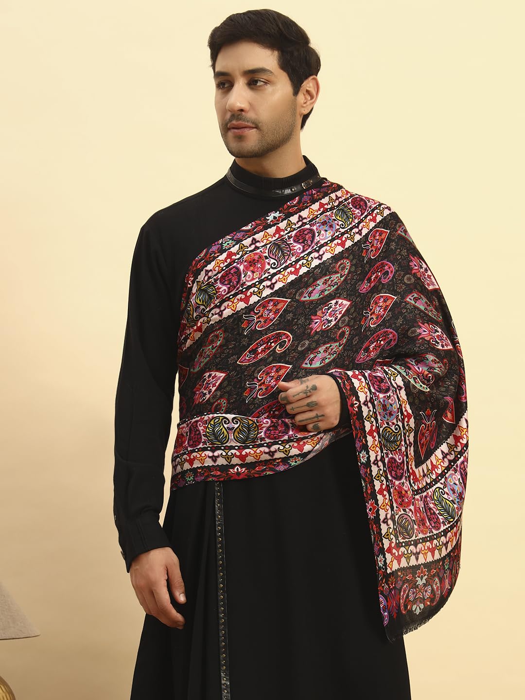 Pashmoda Men Floral Sonata Royal Fine Soft Bamboo Fibre Stole, Multicoloured Design, Evening Wrap, Luxury Pashmina Style Scarf, Wrap (Size 28x80, Black colour) MISST32