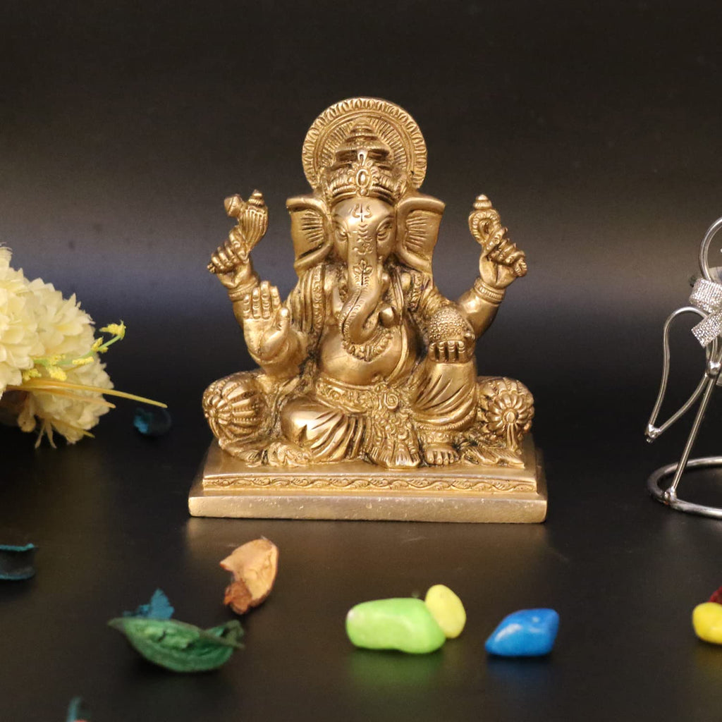 ARTVARKO Brass Lord Ganesha Murti in Resting Blessing Sitting Ganesh Bhagwan Idol Ganpati Metal Statue for Home Office Entrance Décor Pooja Marriage Gift 5 Inch