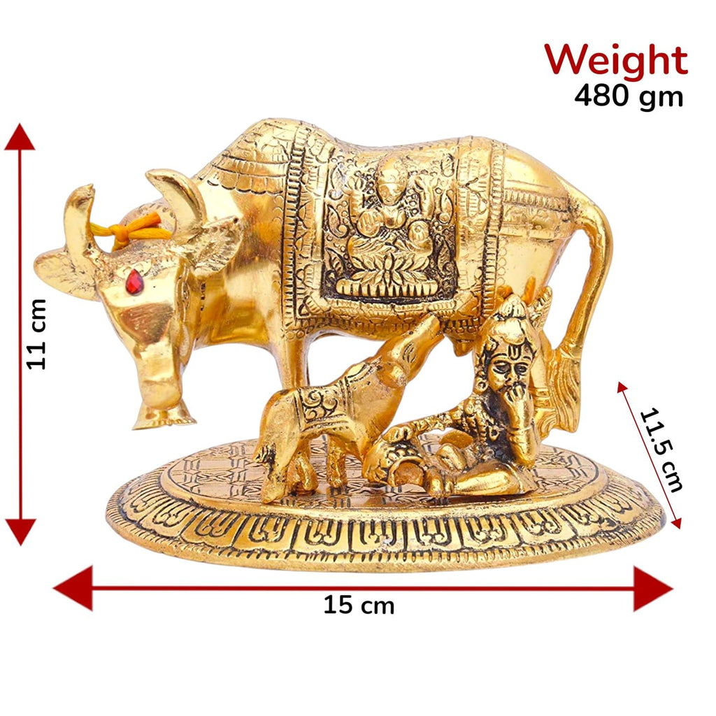 KridayKraft Metal Handicraft Cow,Calf & Krishna Gold Plated Showpiece for Home,Office,Table&Pooja Room.