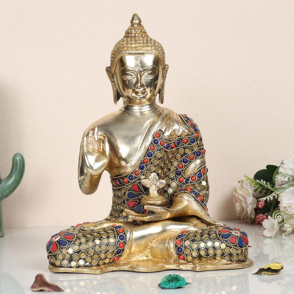 ARTVARKO Blessing Buddha Brass Idol with Inlay Statue with Sacred Kalash Decorative Buddhism Buddha Showpiece Figurine Home Décor Diwali Gifts 10 Inch.