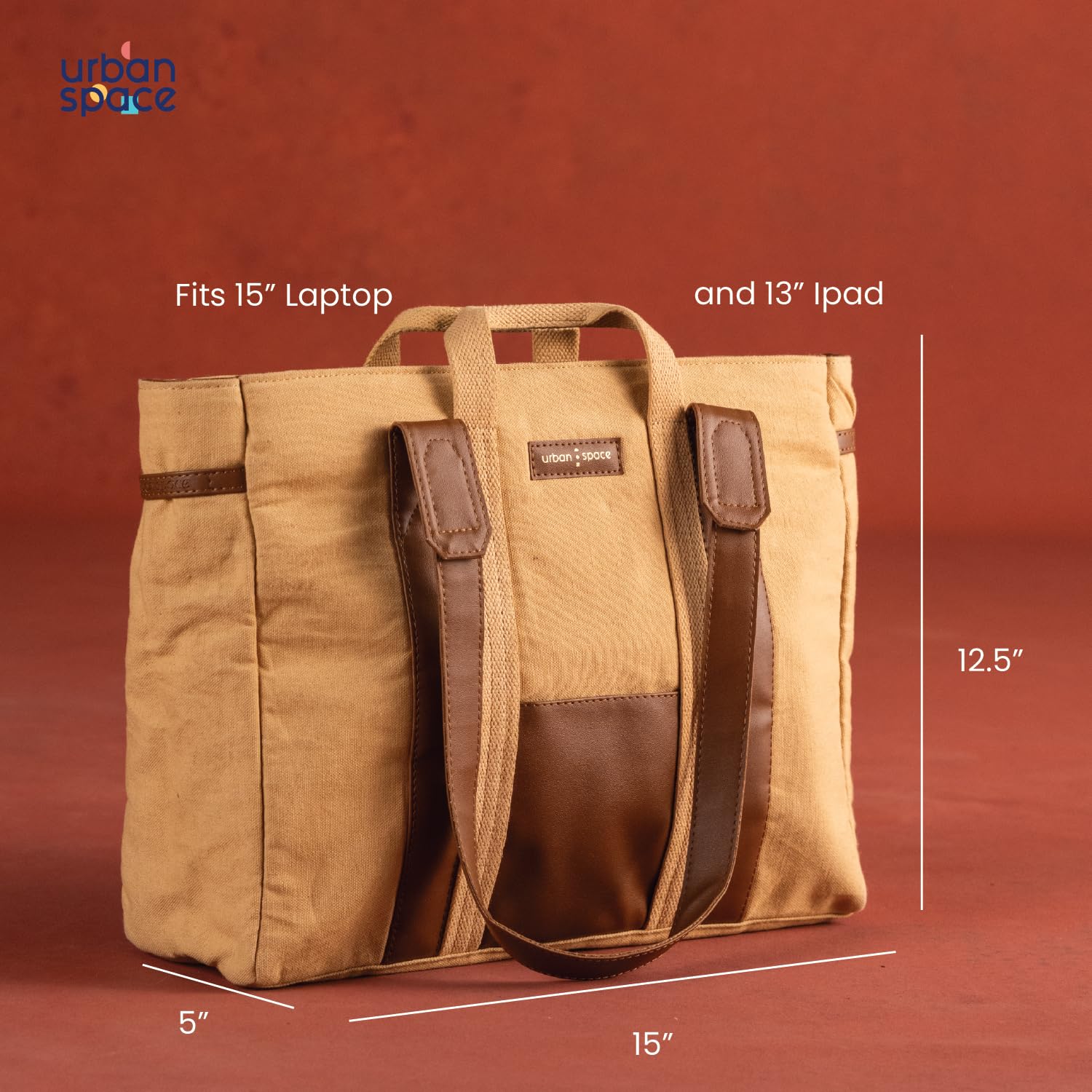 Urban Space Women Tote Bag | Canvas Handbag with Zip closure | Tote Bag for Office | Handcrafted Ladies Shoulder Purse for Office | Laptop bag | Padded Laptop space For Upto 16 - Soft brown