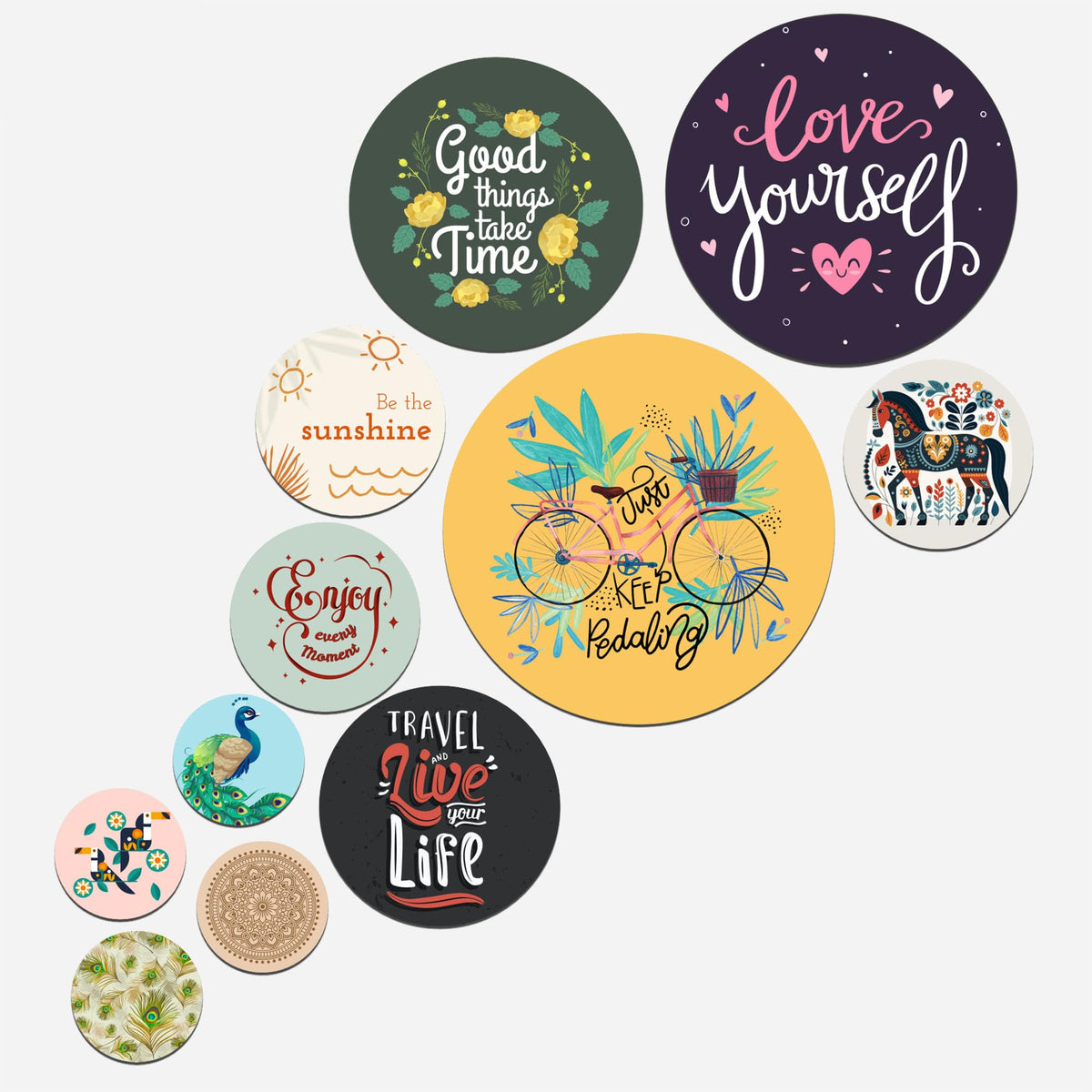 Artvibes Travel & Live Your Life Decorative Round Shape MDF Wooden Wall Hanging | Quotes Decor Item | Traveller Quotes Wall Art | Wall Illustrations | Home Decor | Unique Gift (WPS_141NN), Set of 11