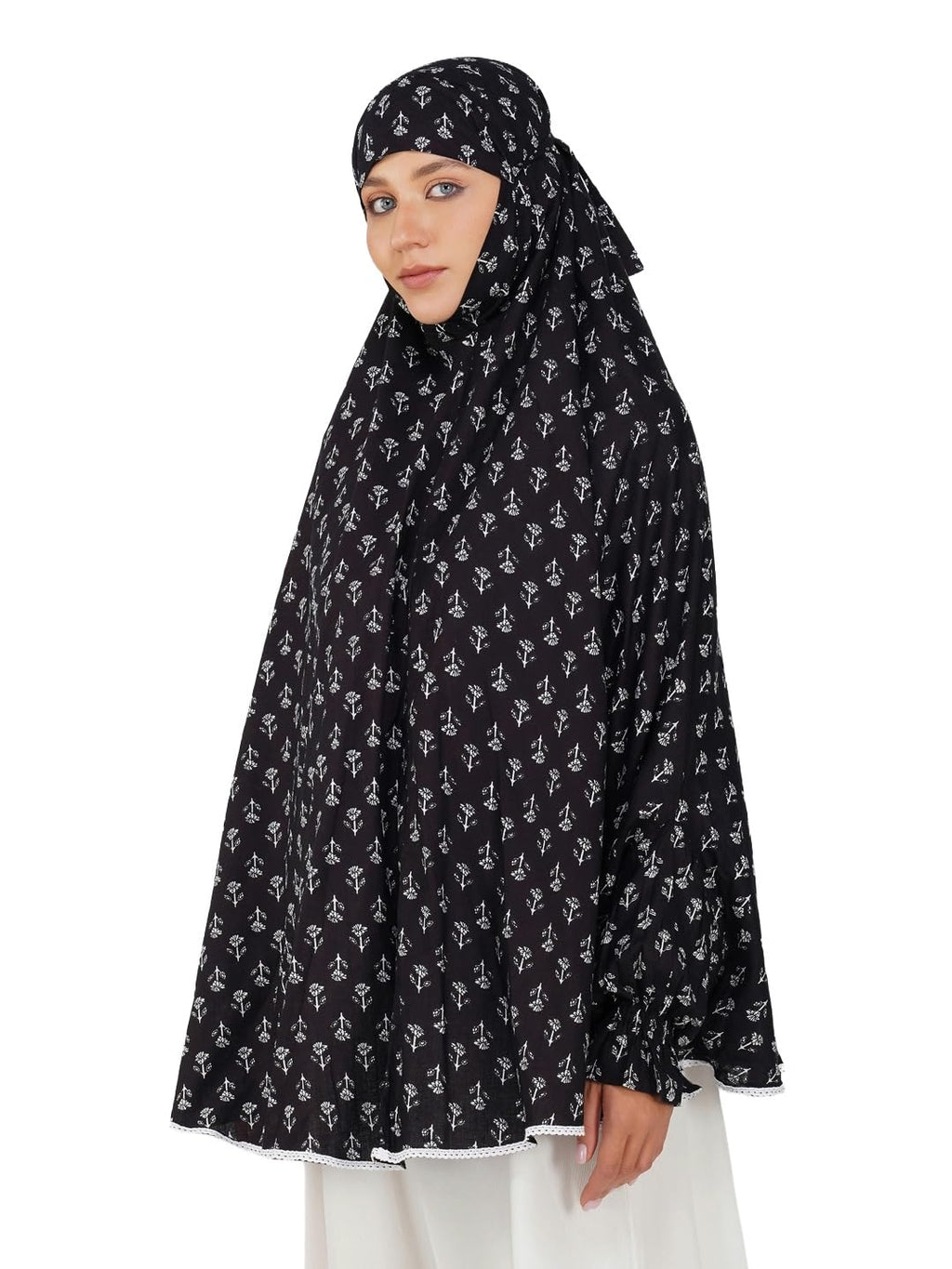 ANA Black Floral Cotton With Sleeves Namaz Makhna for Women, Free Size, Ready to Wear