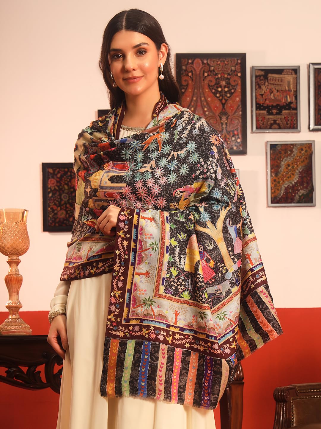 Pashmoda Women Naqshkaar Fine Wool Fabric Pashmina Kalamkari Embroidered Shawl (Size: 40x80in, 101x203cm) KAS12