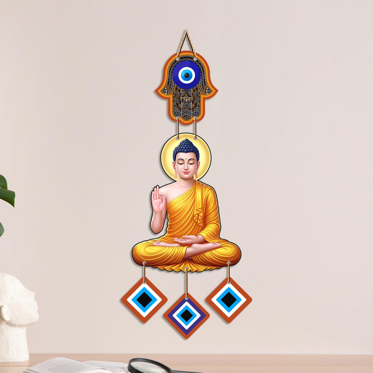 Artvibes Buddha Wall Hanging with Evil Eye Charms | Spiritual Wooden Decor Symbolizing Peace | Growth and Positive Energy | Decorative Hanging for Living Room | Meditation Room | Art Gift (WH_85101N)