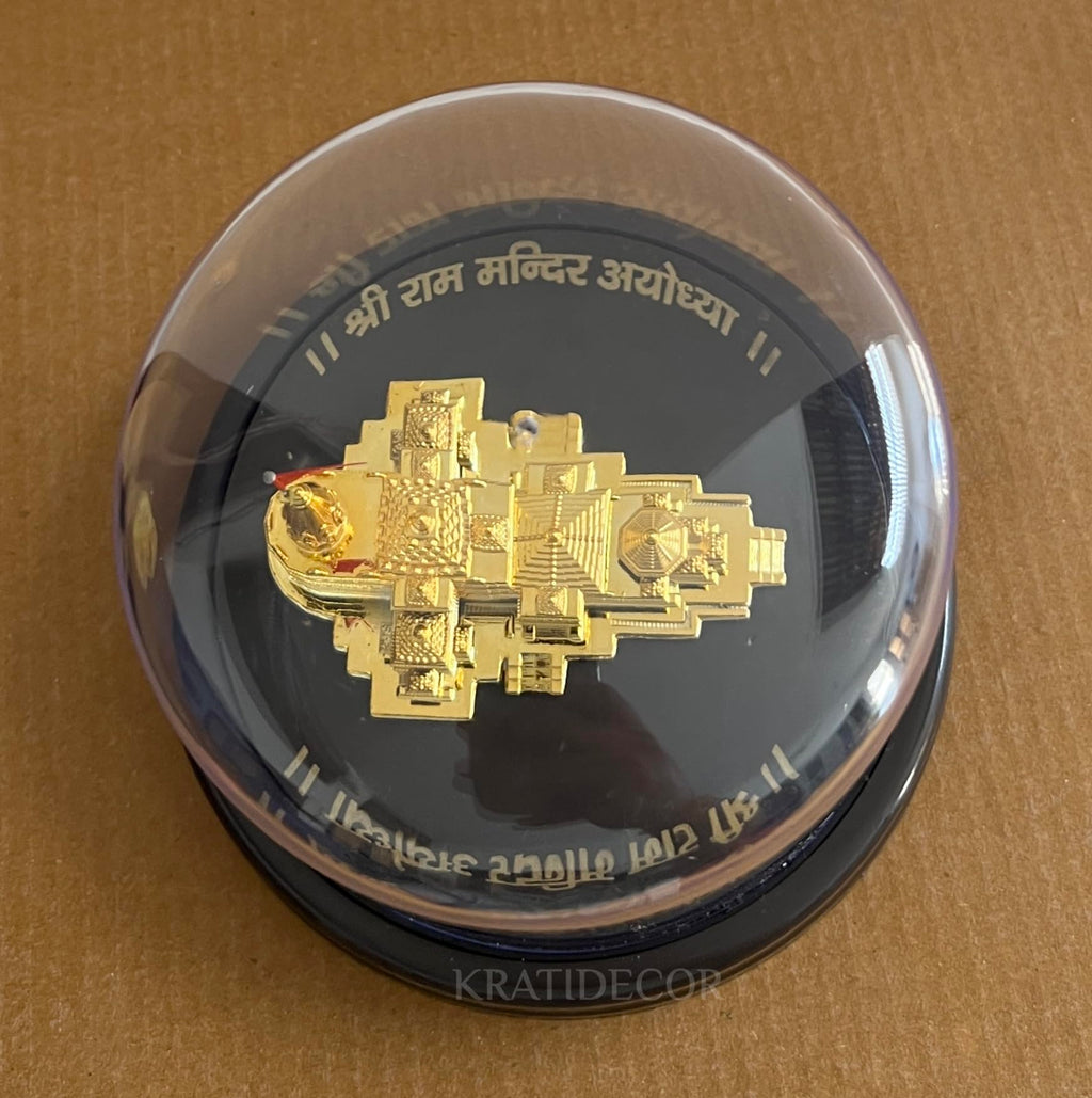Kratidecor Golden Shri Ram Mandir Ayodhya Model Authentic Designer Temple Covered by a Glass Dome - Perfect for Home Decor, and Spiritual Gifting