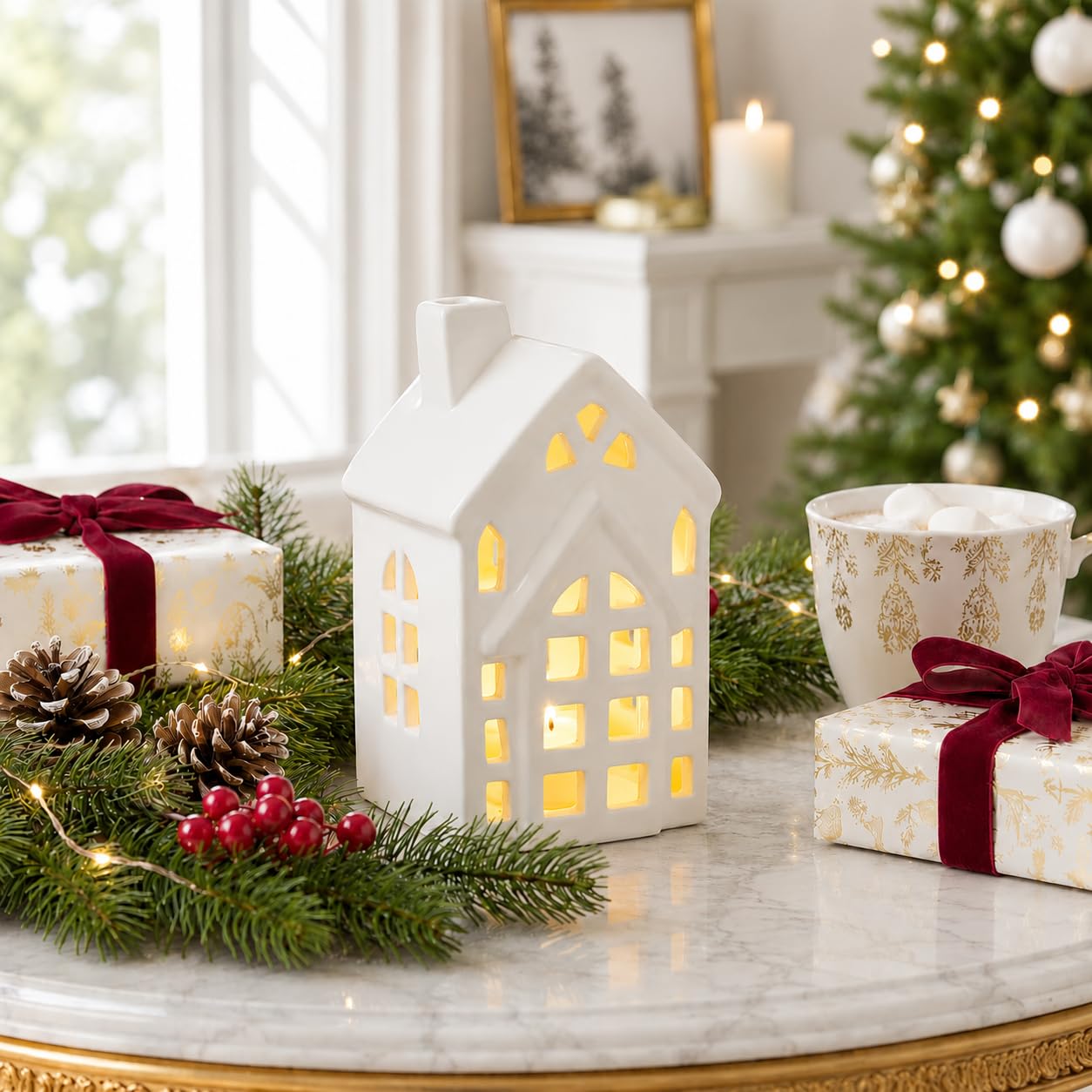 Artful Living India-Ceramic House Tealight Candle Holder – Decorative Light for Diwali, Christmas & Home Decor | White | Handmade Studio Pottery | Free LED Light | Pack of 1 | GlowNest