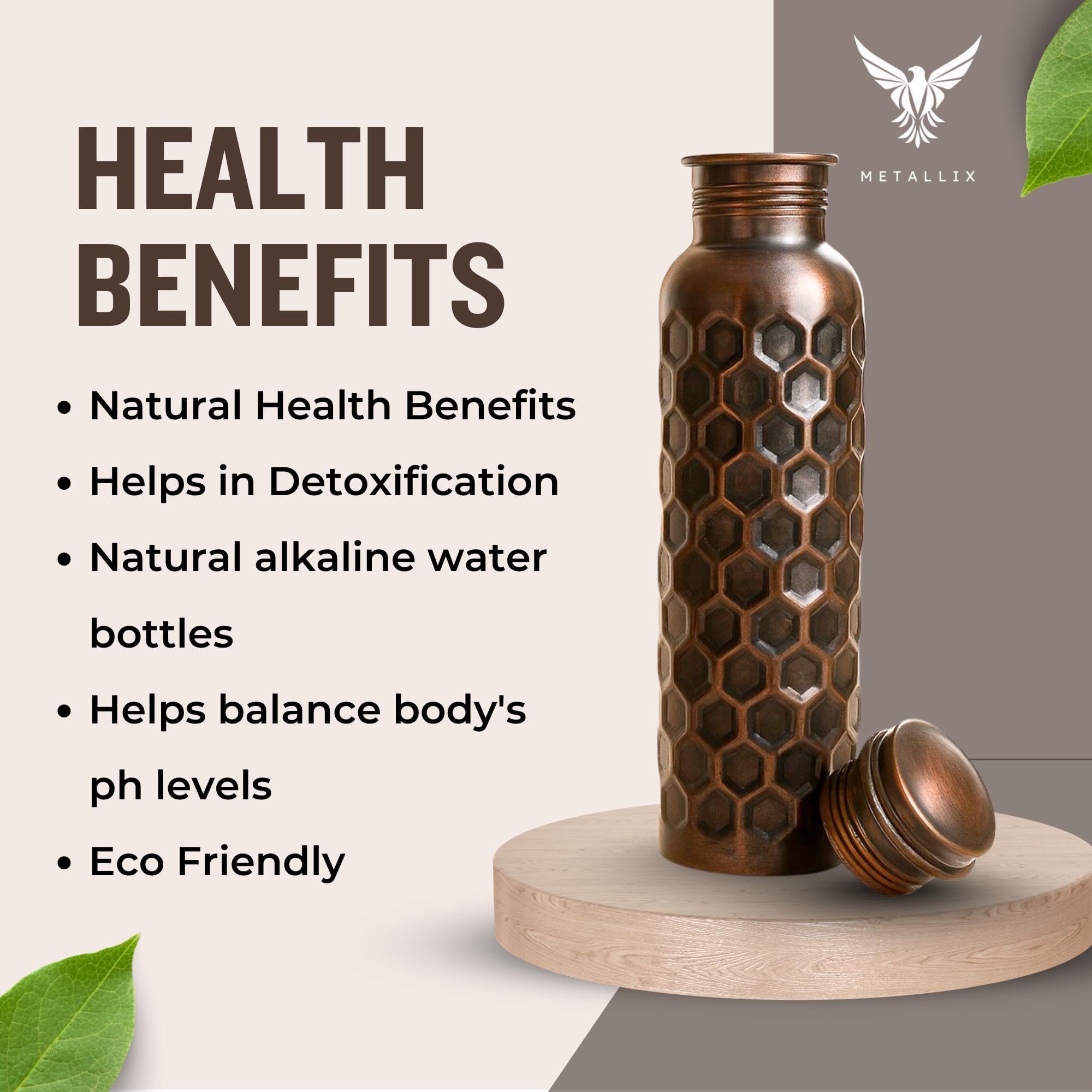 Metallix Copper Water Bottle 1 Ltr | Copper Bottle for Men & Women | 100% Pure Copper | BPA Free & Leak Proof | Easy to Carry | Suitable for Yoga, School & Office (Antique Bronze)