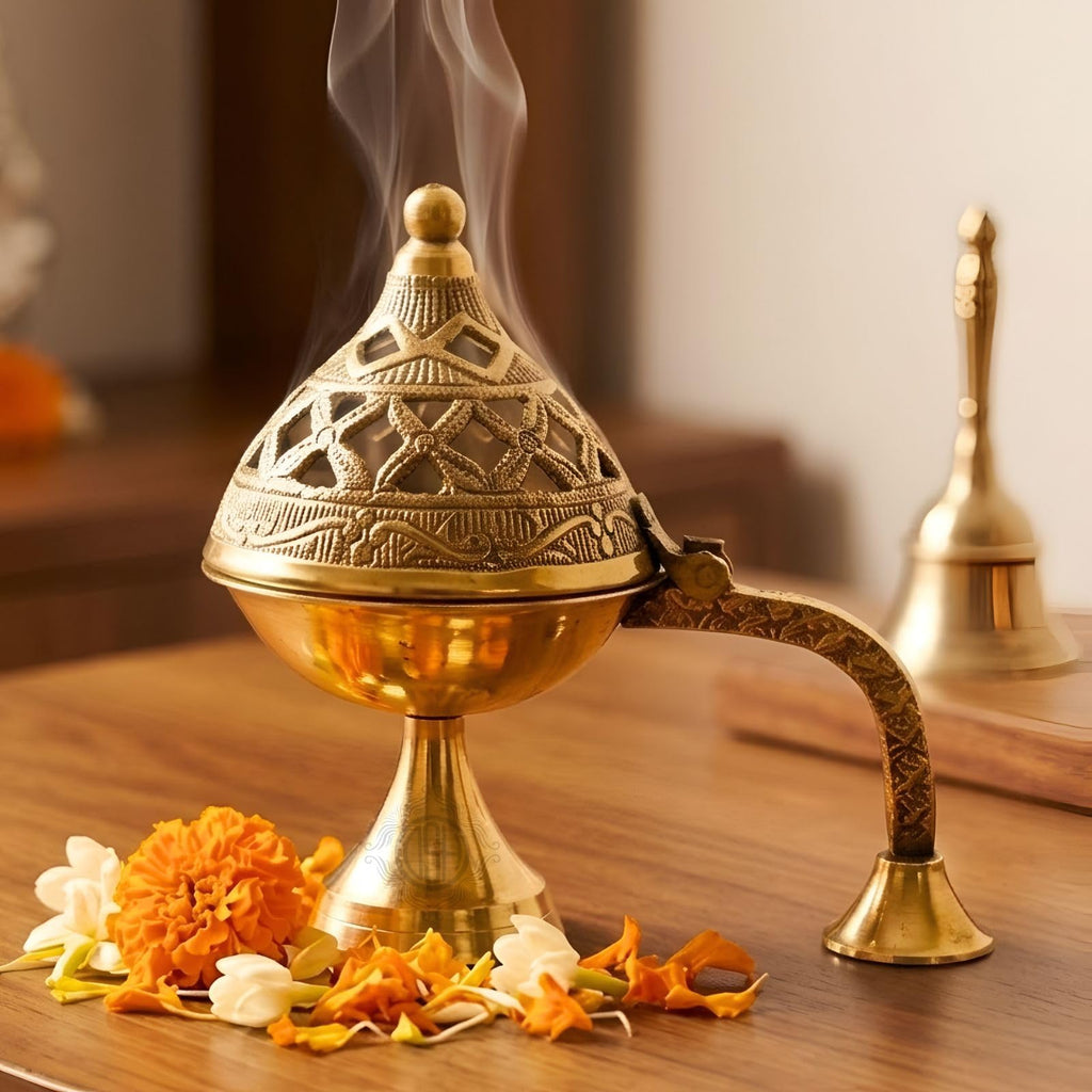 DSH Brass Dhuna Burner for Loban Traditional Dhoop Dani Sambrani Incense Dhuni Holder for Pooja, Spiritual Rituals & Home Purification