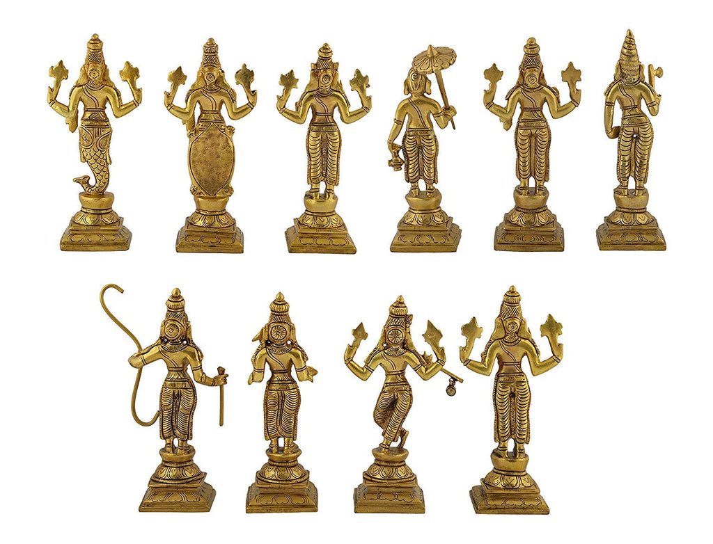 SVARUP Brass Dashavatara Dasavatharam of Lord Vishnu Statues Ten Incarnations Avatars Idol Murti for Mandir Puja Temple (Gold Color Height 6 Inches)