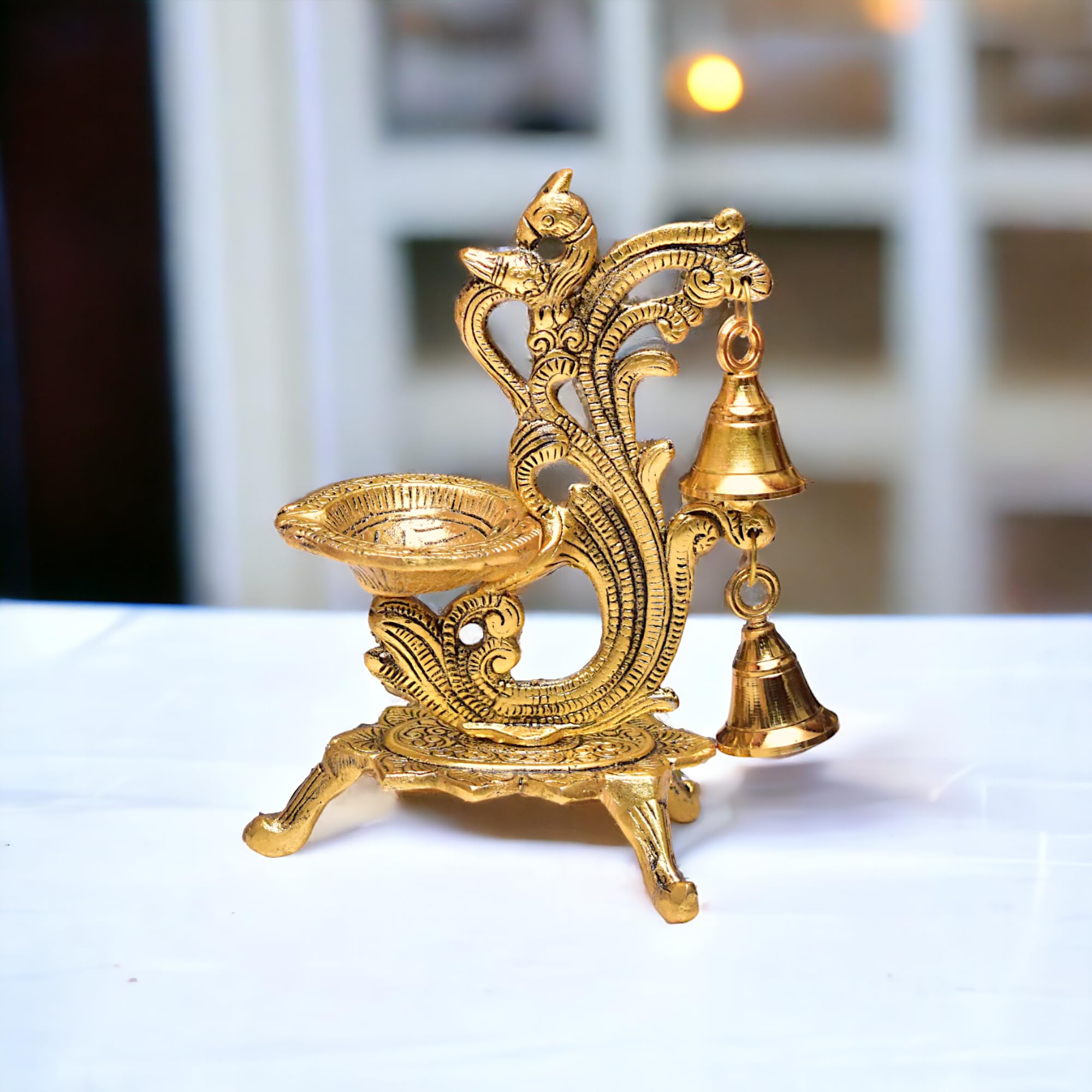 KridayKraft Aluminium Diya for Puja Room Oil Lamp in Peacock Design with Bell (Gold, Pack of 1 Pcs)