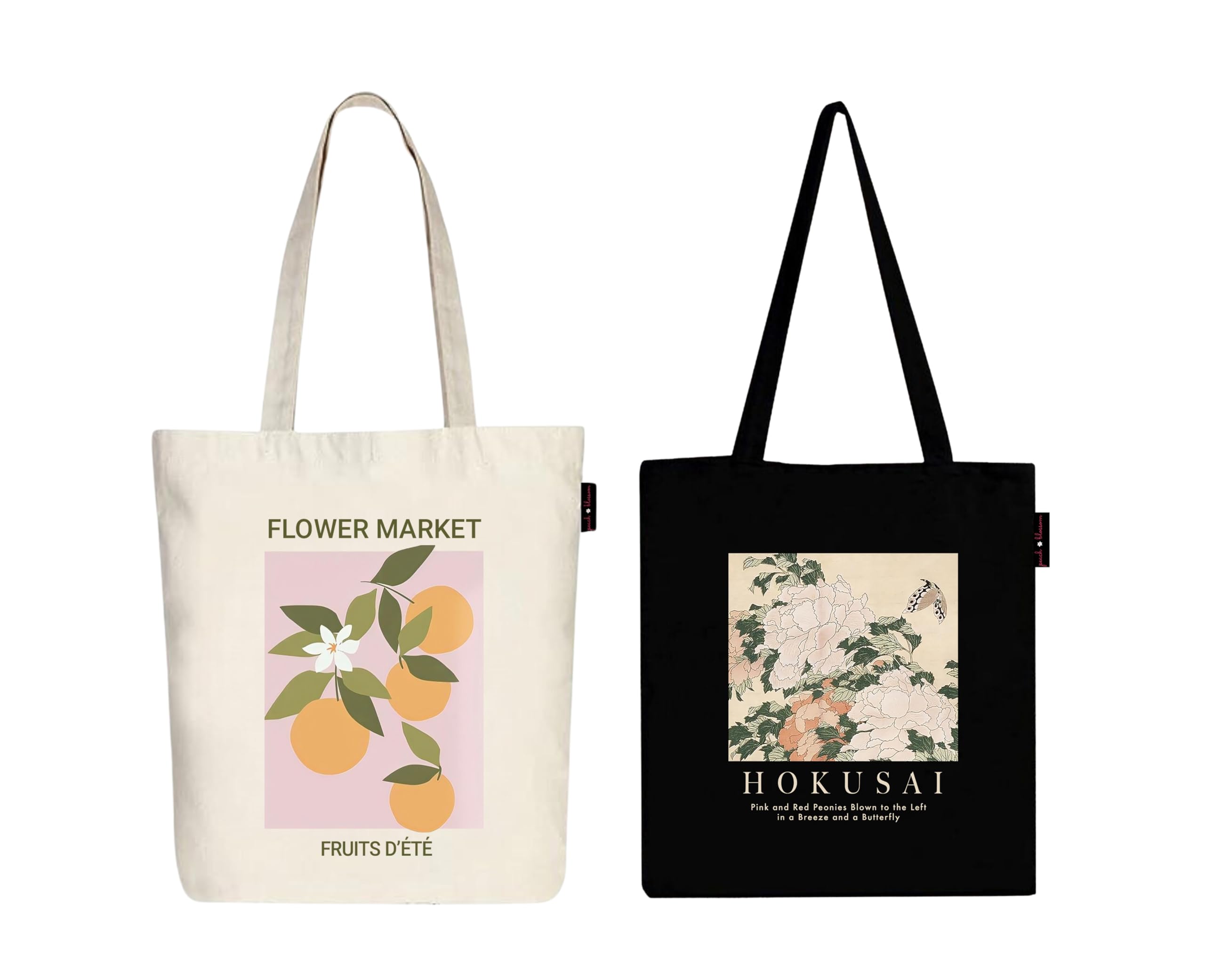 Peach Blossom Printed Cotton Zipper Tote Bags | CBAG - WHT-FLWR MARKT_BLK-PEONIES HOKSAI