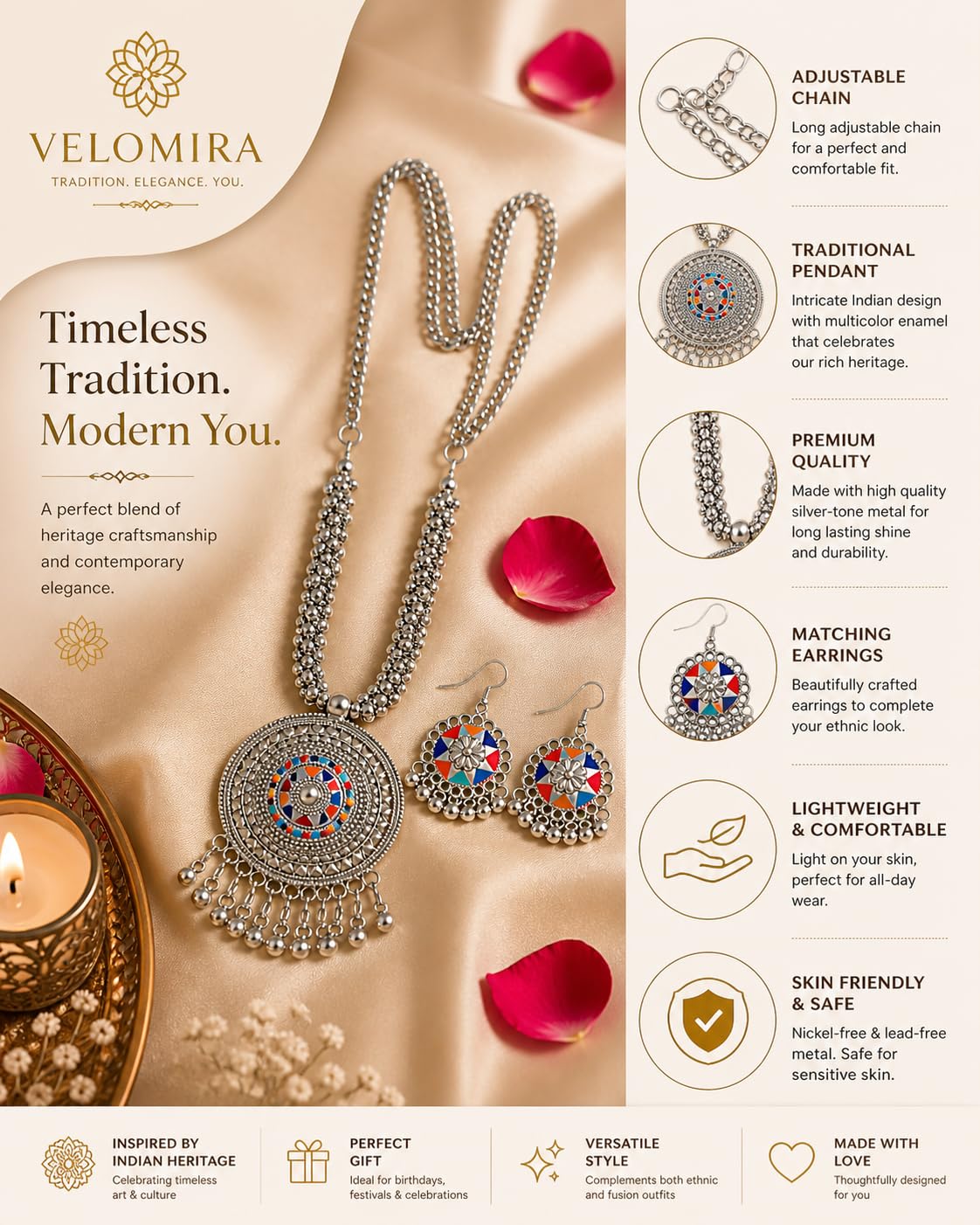 VELOMIRA Oxidised Silver Tribal Necklace Set for Women | Boho Ethnic Pendant Necklace with Matching Earrings | Traditional Handmade Jewelry Set