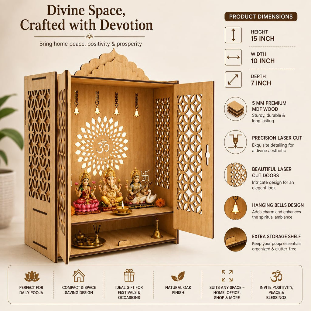 FA6 Wooden Home Temple Mandir for Pooja Room 3MM Premium MDF Wood Laser Cut Pooja Mandir with Doors & Storage Shelf Natural Oak Finish Tabletop Temple 15 x 10 x 7 Inch
