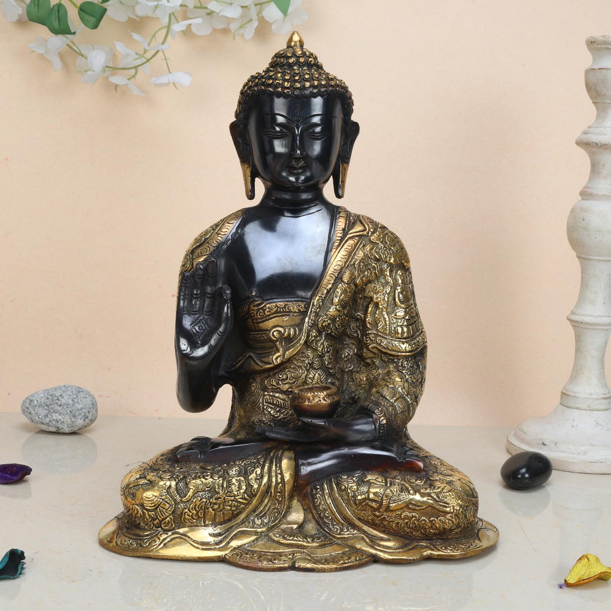 SVARUP Big Brass Buddha Statue Buddhist Figurine, Buddhism Decor, Feng Shui Home Décor Showpiece Height 12 Inch