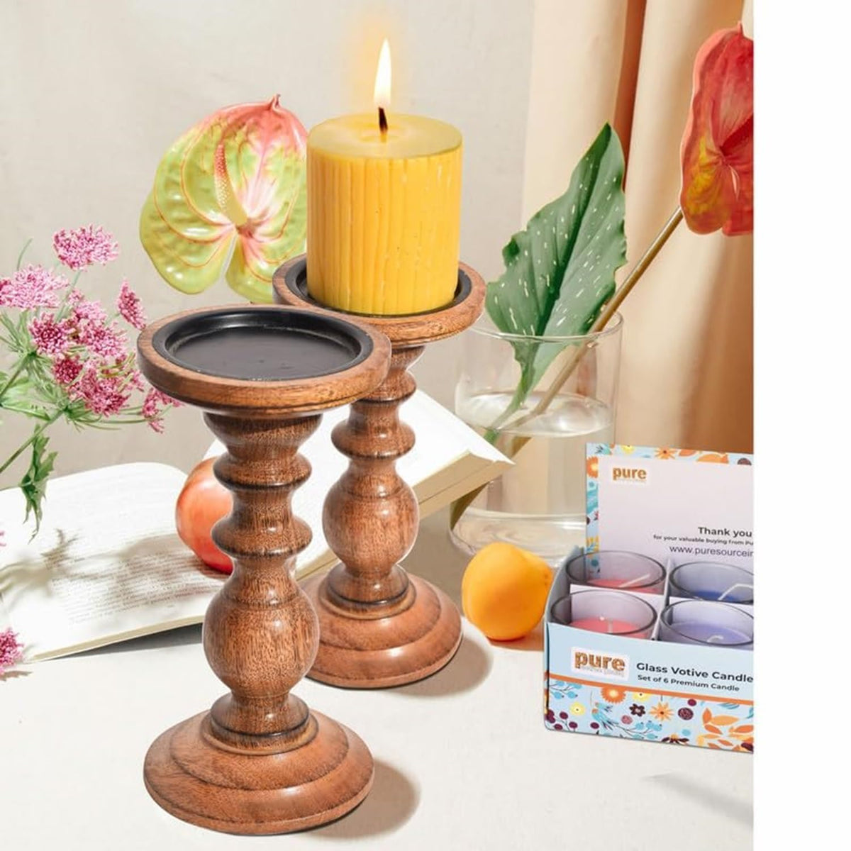 Pure Source India Wooden Candle Holder for Pillar Candles, Natural Mango Wood Vintage Style 8 Tall Candle Stand for Fireplace Dining Table Centrepiece, Decorative Item for Home