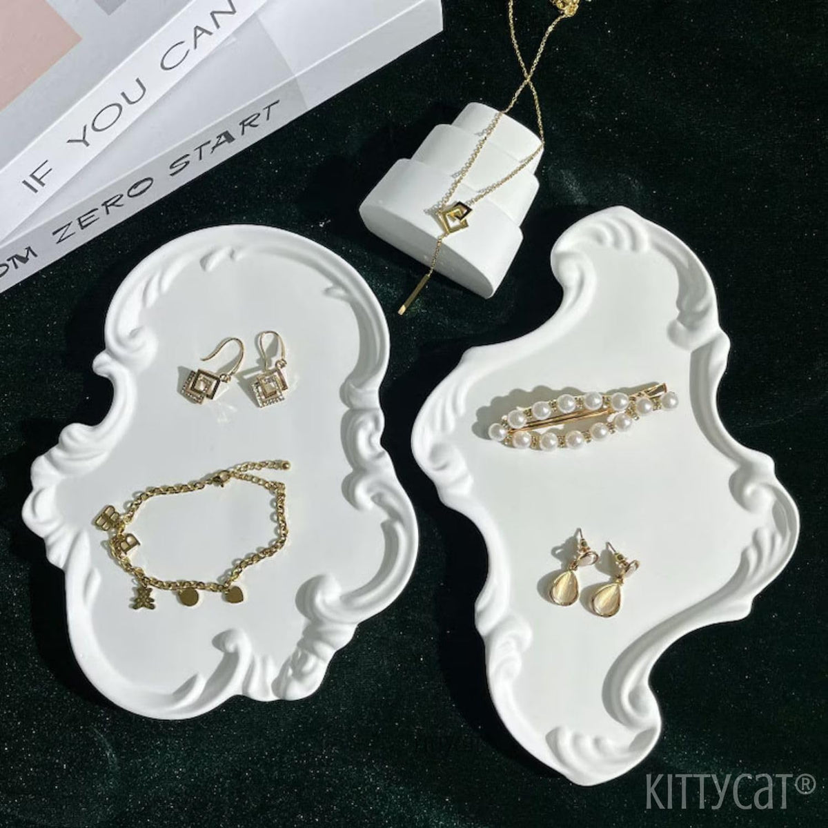 Kitty Cat® Set of 2 Aesthetic White Trinket Trays | Handmade Decorative Jewelry Organizer Plates | Minimal Vintage Vanity Tray for Rings, Earrings, Keys | Home Decor & Gift Item (Baroque)