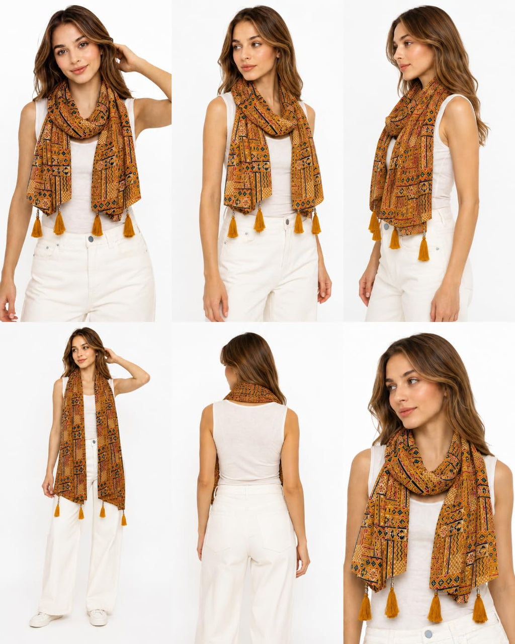 Women's Printed cotton Scarf with Tassels, Lightweight Boho Stole, 180x50 cm, All Seasons (mustard)