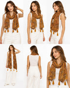 Women's Printed cotton Scarf with Tassels, Lightweight Boho Stole, 180x50 cm, All Seasons (mustard)