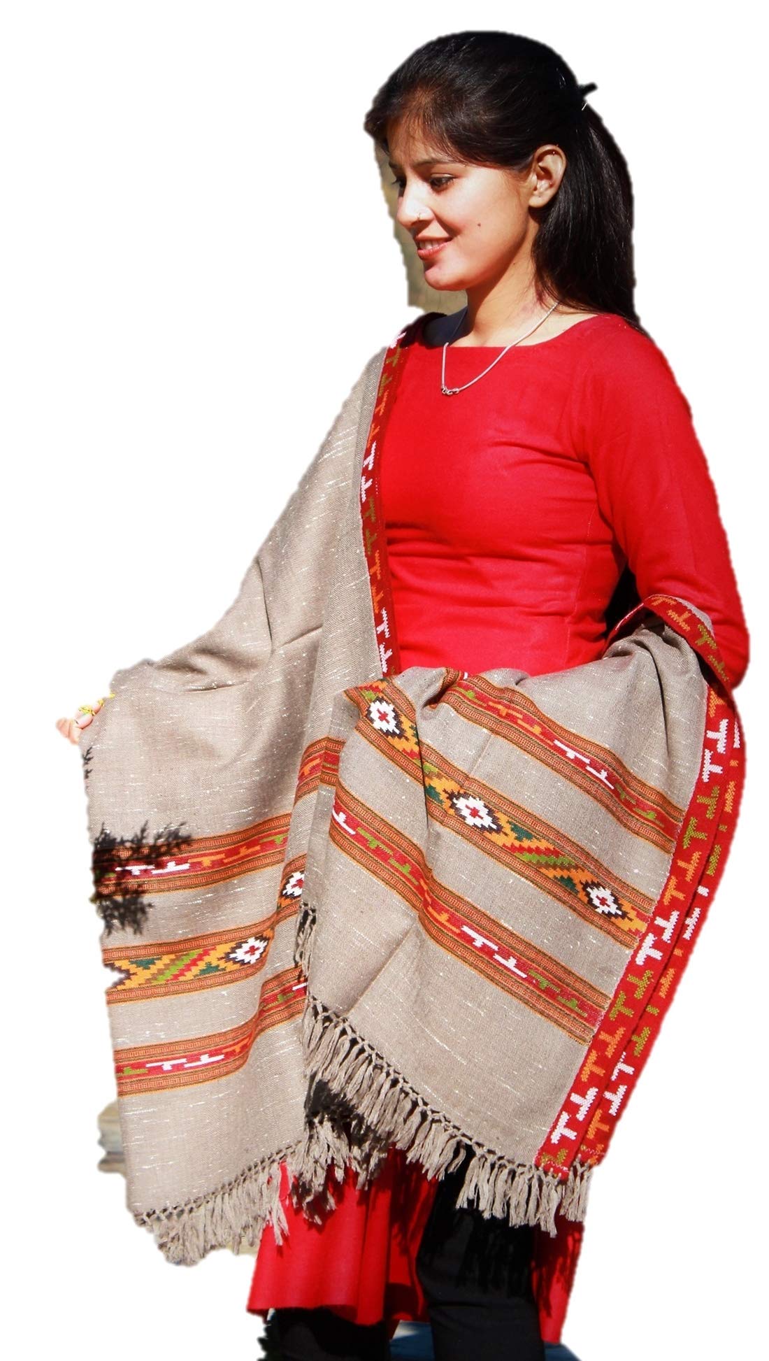 HImalayanKraft Hand Woven Kullu Handloom Pure Woolen Shawl Grey Colored with Beautiful Kullu Weaving 3 Patti Designed for Women and Girls.
