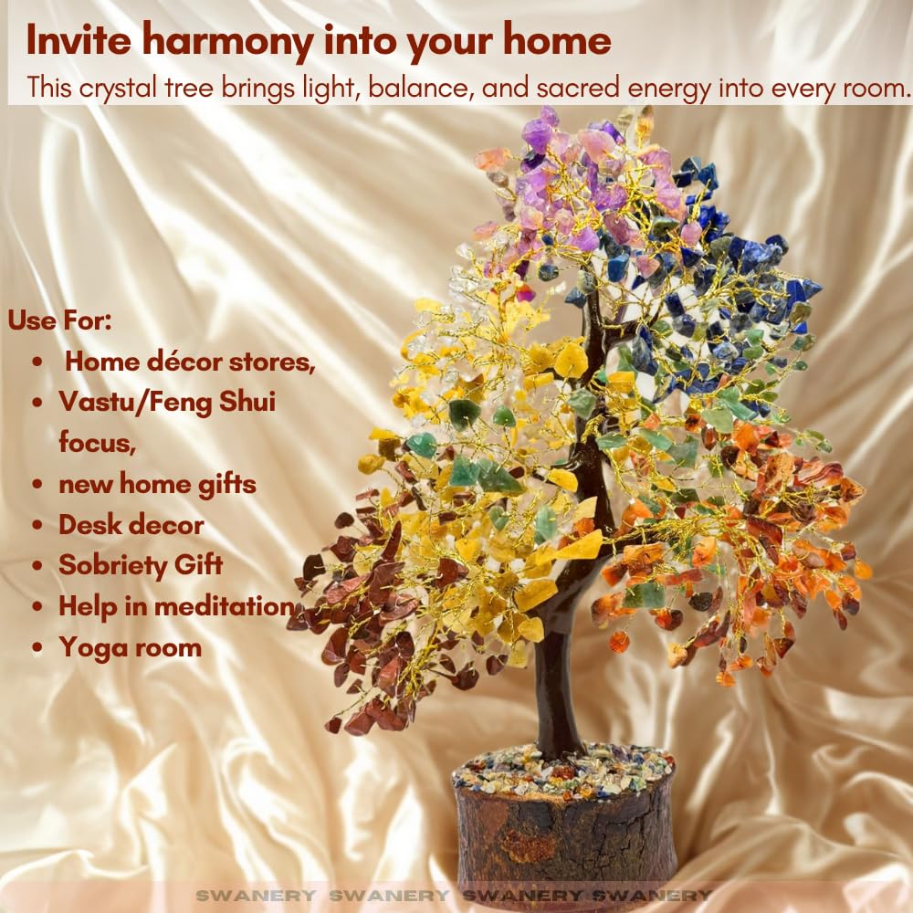 Swanery Seven Chakra Gemston Tree of Life, Positive Energy, Feng Shui Decor, Bonsai, Crystals and Healing Stones, Money Tree, Room Decor Stone, Healing Crystals (Chakra Tree)