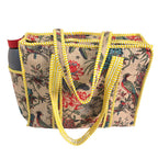 The House of RajPadmini Floral Quilted Cotton Shopping Tote Bag, 16x16 inches, Striped Trim, External Bottle Pocket (Off-White)