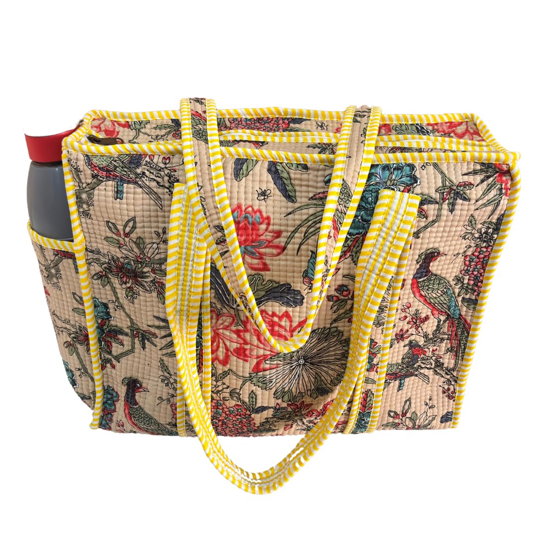 The House of RajPadmini Floral Quilted Cotton Shopping Tote Bag, 16x16 inches, Striped Trim, External Bottle Pocket (Off-White)