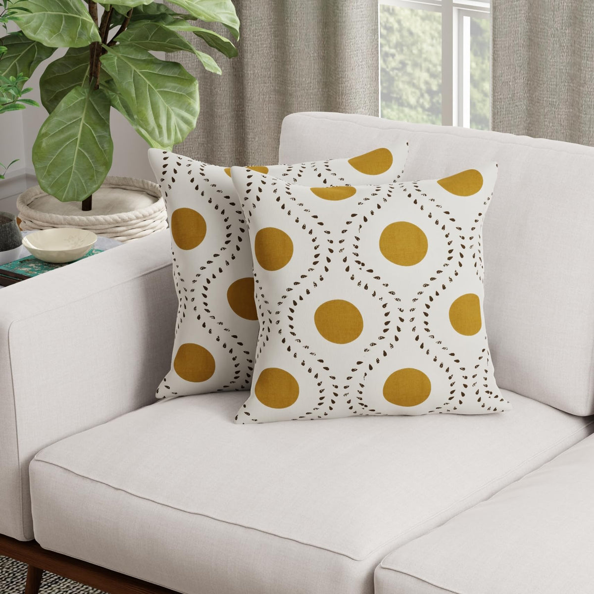 HUESLAND Premium Cotton Cushion Cover 16 inch x 16 inch | Decorative Square Throw Pillow Covers Set for Sofa, Living Room & Bedroom | Set of 2 | Natural, Golden Ochre & Bistre