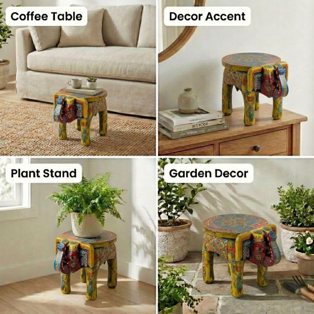 ATRANGI STUDIO Mehendi Green Handpainted Wooden Elephant Stool Cum Showpiece | Mango Wood Traditional Multipurpose Stool for Living Room Decor & Mandir | Perfect for Plant Stand | 8x8x10 inch