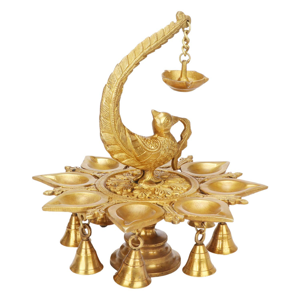 Artvarko Big Brass Parrot Hanging Diya with Bells Traditional Deepak for Puja Diwali Lights Pooja Home Decor Mandir Gift Holder Gold 10 Inches