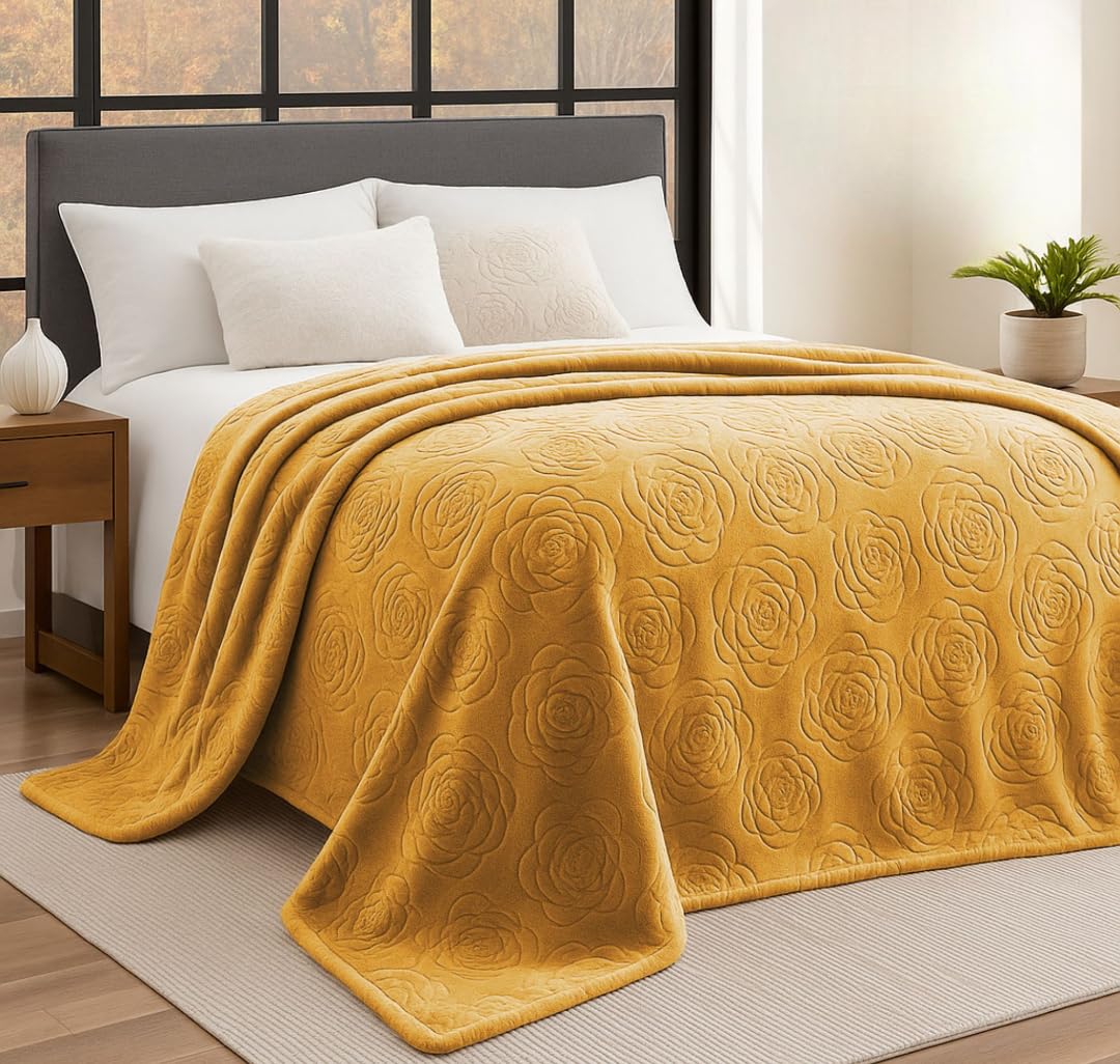 BSB HOME Rose Embossed Pattern Mink Blanket for Double Bed 400 GSM | Ultrasoft & Lightweight Solid Embroidery for Heavy Winter & Mild-Winter Couch | Travel (Color - Mustarded, Weight - 2500 Grams) Kafalo