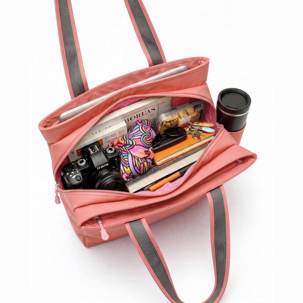 Bag-Age HB55 Tote Handbag for Girls & Women, Water Resistant Office Work Bag with Umbrella Pocket, Large Capacity Shoulder Bag for Work, Travel & Daily Use (Pink)