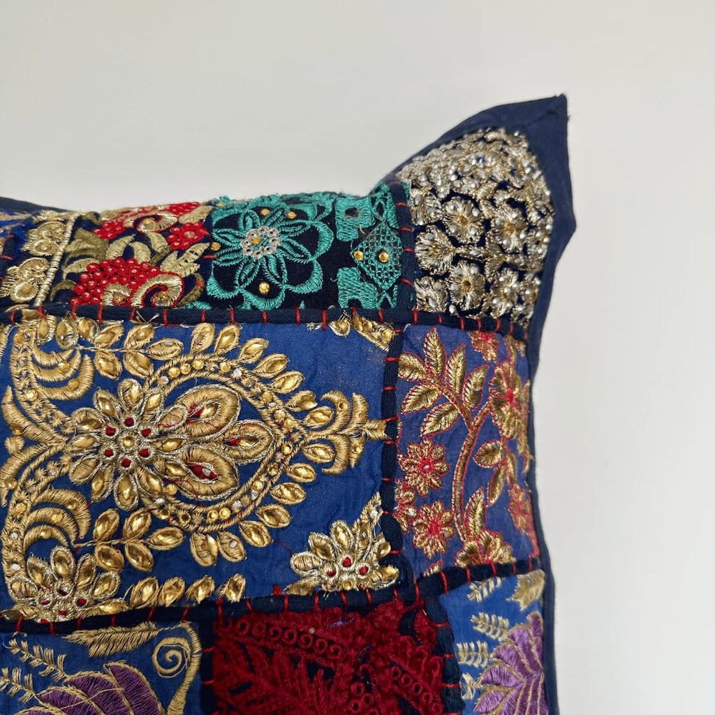 ATRANGI STUDIO Patchwork Cushion Covers - Set of 2 | Handcrafted Khambadiya Patchwork | Rajasthani Art Pillow Cover | Ethnic Cushion Covers for Sofa, Bed & Home Decor | 16x16 Inch, Blue