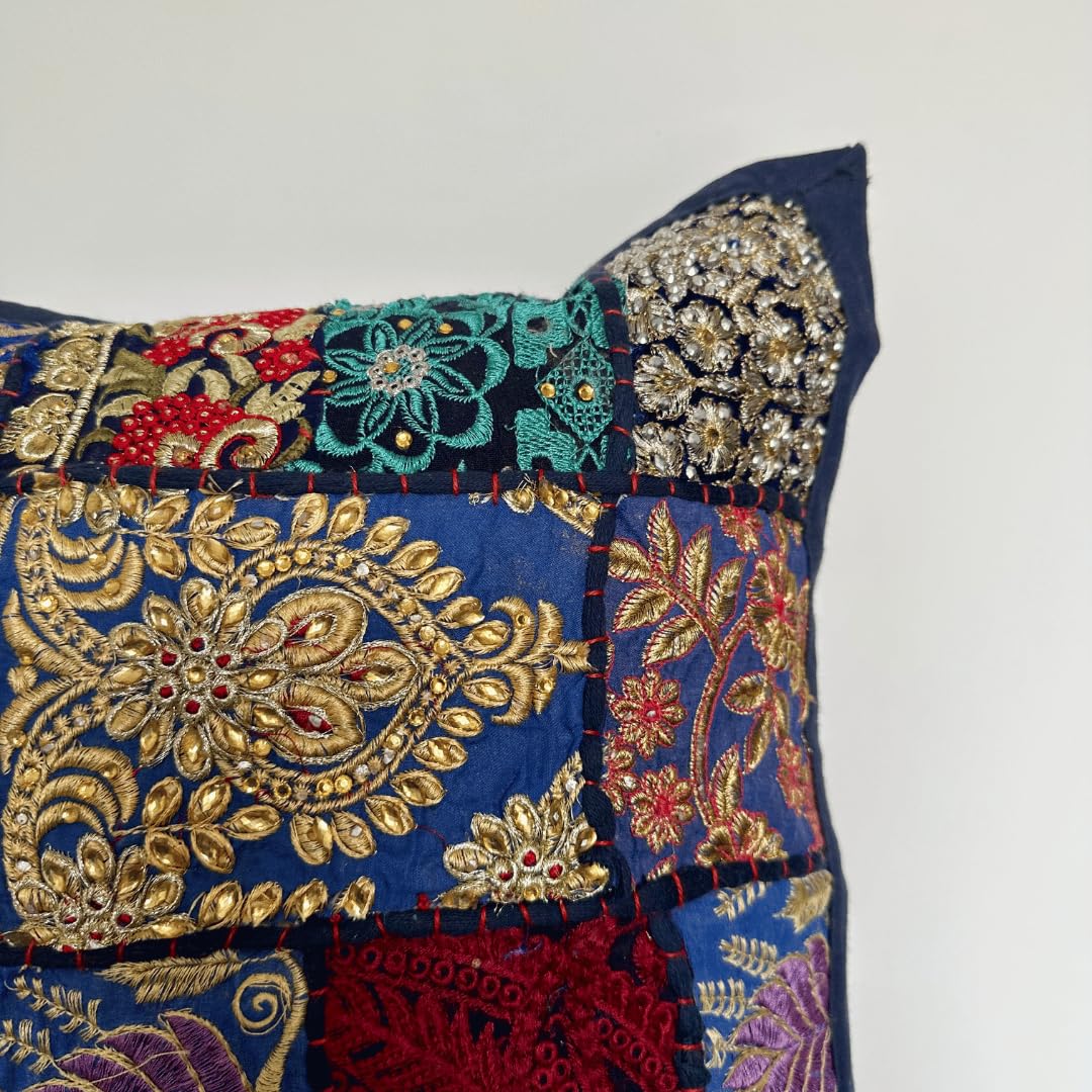 ATRANGI STUDIO Patchwork Cushion Covers - Set of 2 | Handcrafted Khambadiya Patchwork | Rajasthani Art Pillow Cover | Ethnic Cushion Covers for Sofa, Bed & Home Decor | 16x16 Inch, Blue