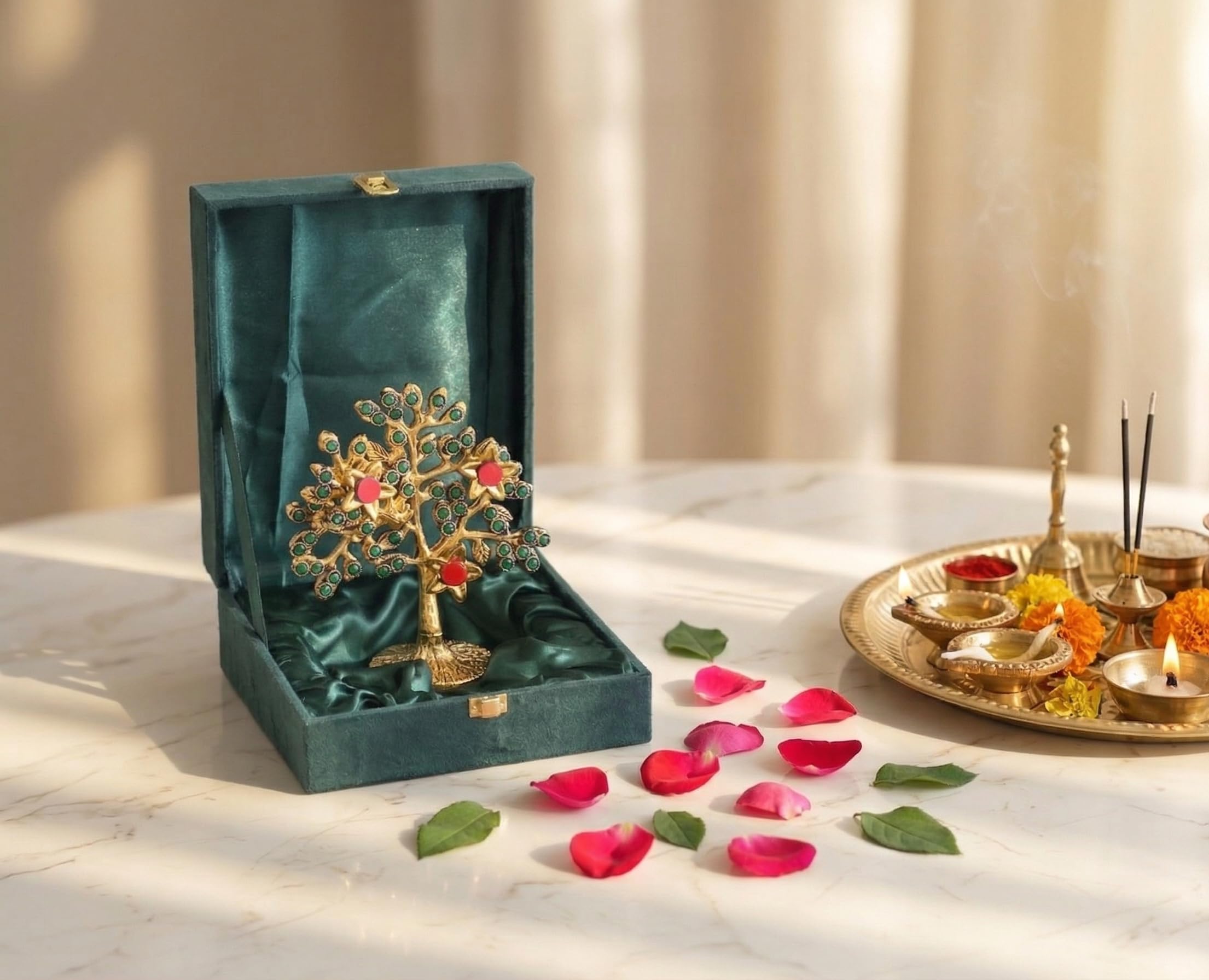 Metal Kalpavriksha Tree for Home Decor - Golden Wish Fulfilling Tree Metal Showpiece for Temple, Vastu, Office Table & Gifting Banyan (No 1 Golden Stone with Box)