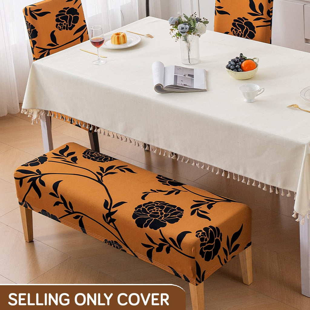 HOKIPO 140 GSM Stretchable Dining Chair Covers Set of 4 with 1 Bench Cover 'Elira Series', Copper Brown Floral (AR-6283-C8)