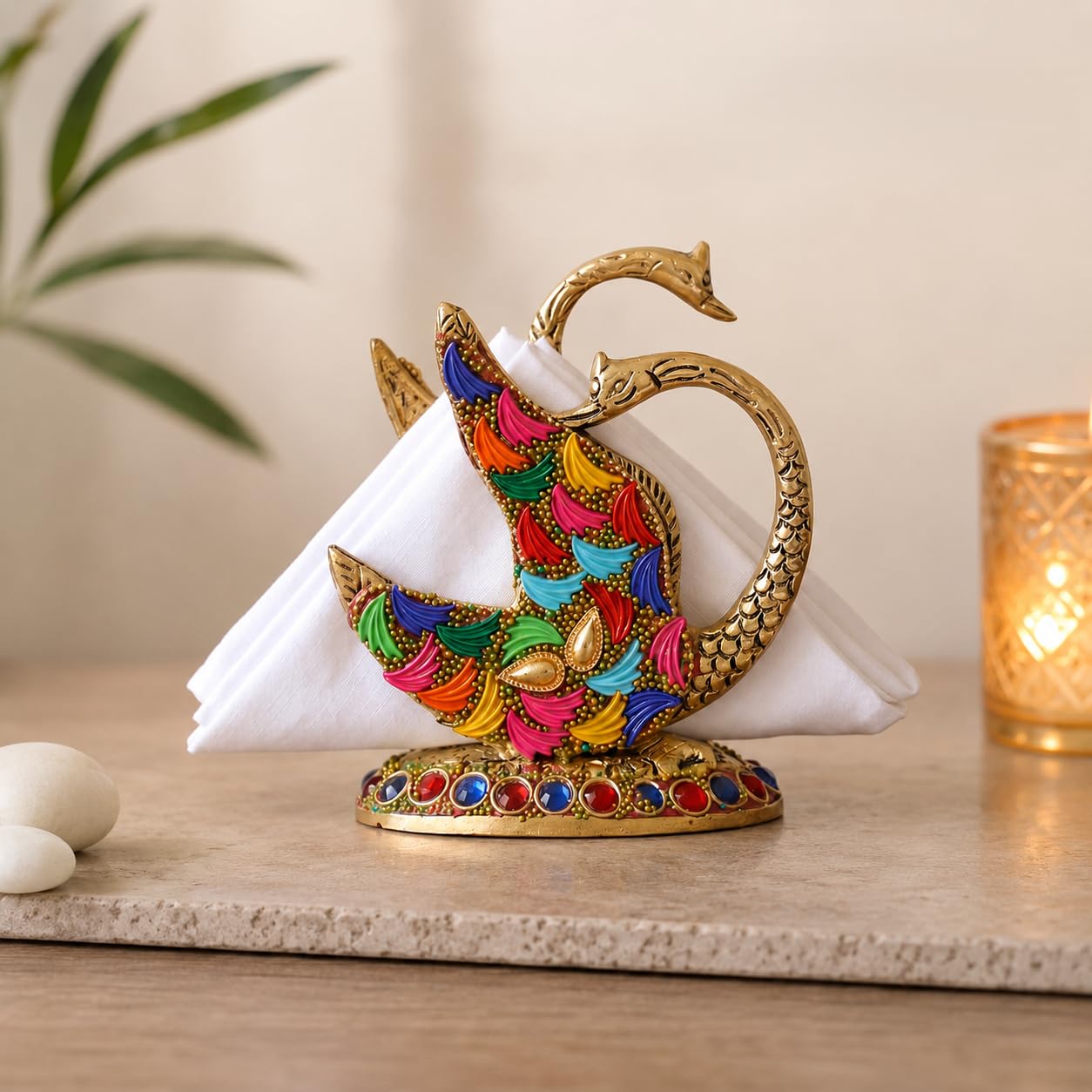 KridayKraft Metal Swan Napkin Holder for Dining Table, Golden Twin Swan Tissue Paper Stand with Leaf Design & Colourful Stone Work, Decorative Tableware for Home, Kitchen, Restaurant & Gifting.
