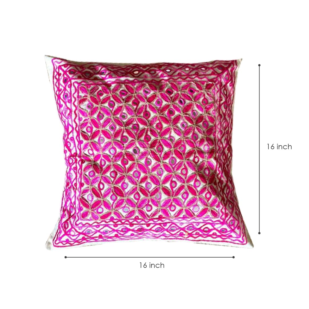 ATRANGI STUDIO Embroidered Cushion Covers - Set of 2 | Traditional Aari Embroidery | Threadwork Throw Pillow Covers with Zip Closure | Perfect for Sofa, Bed, Chair | 16x16 Inch, Pink